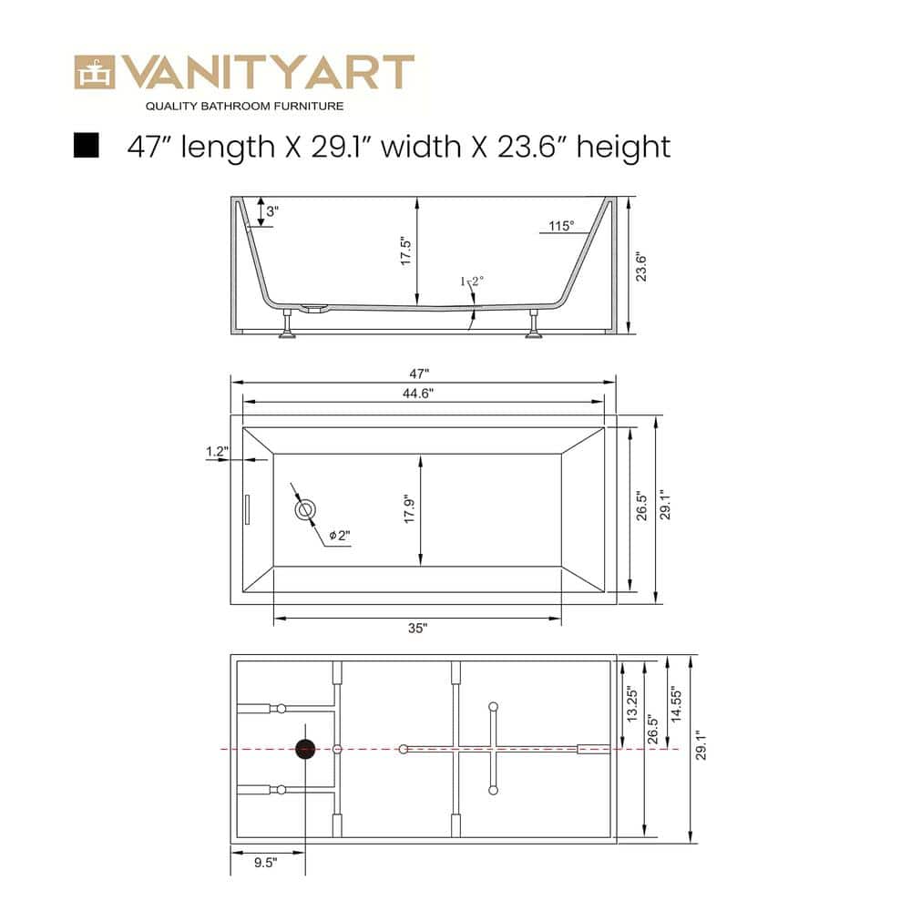 47" White Acrylic Freestanding Soaking Bathtub with Integrated Overflow