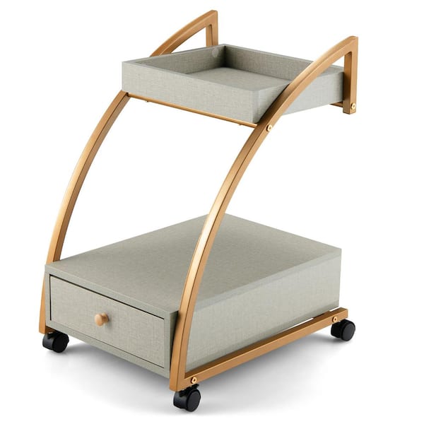 2-Tier Wood 4-Wheeled Rolling End Table with Storage Drawer Tray Top Modern Bedside Trolley in Grey