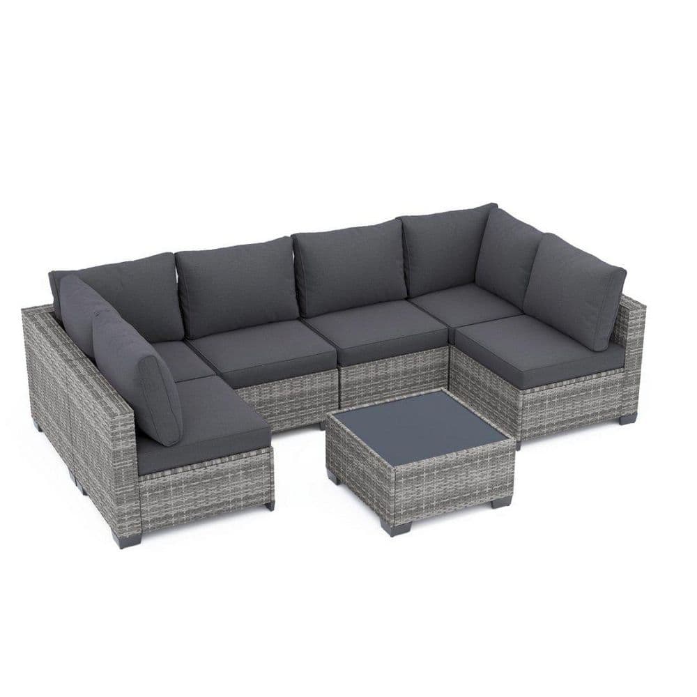 Timeless Gray 7-Piece Wicker Patio Conversation Sectional Seating Set with CushionGuard Gray Cushions and Glass Table price history on PriceWatchPro