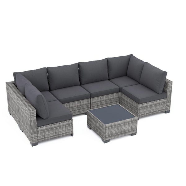 Timeless Gray 7-Piece Wicker Patio Conversation Sectional Seating Set with CushionGuard Gray Cushions and Glass Table