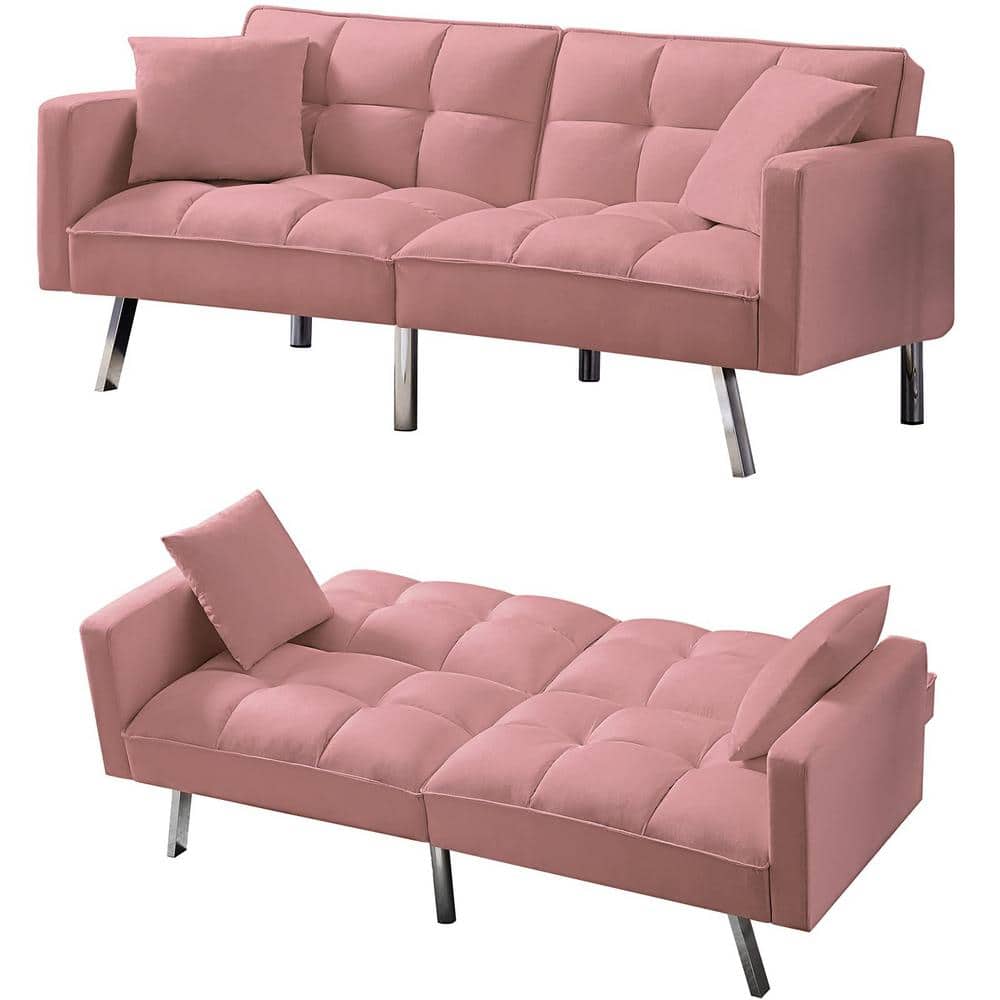 74 in. Pink Velvet 2Seater Loveseat with 2 Pillows and Adjustment