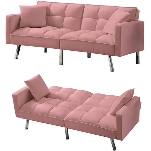 Unbranded 74 in. Pink Velvet 2-Seater Loveseat with 2 Pillows and Adjustment function