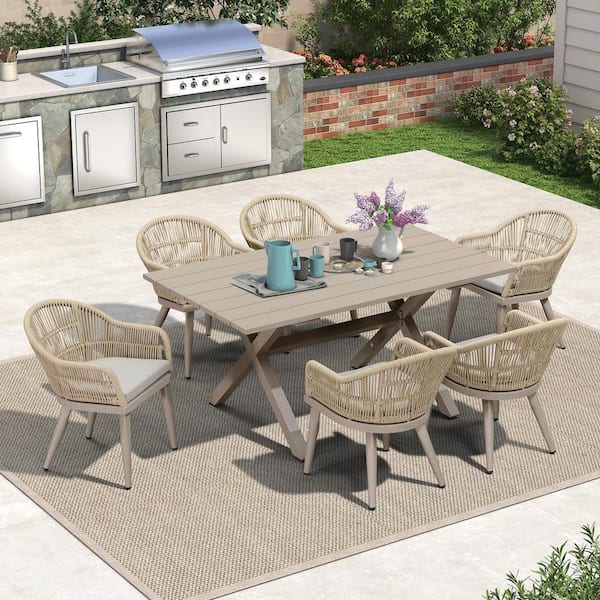 PURPLE LEAF 7 Piece Aluminum All-Weather PE Rattan Rectangular Outdoor Dining Set with Cushion, Champagne