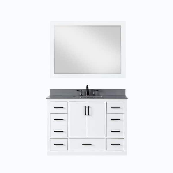 Altair Monna 48 in. W x 22 in. D x 34 in. H Single Sink Bath Vanity in White with Grey Composite Stone Top and Mirror
