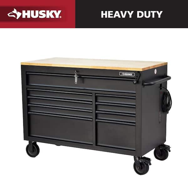 52 in. W x 25 in. D Heavy Duty 9-Drawer Mobile Workbench Cabinet with Adjustable-Height Hardwood Top in Matte Black