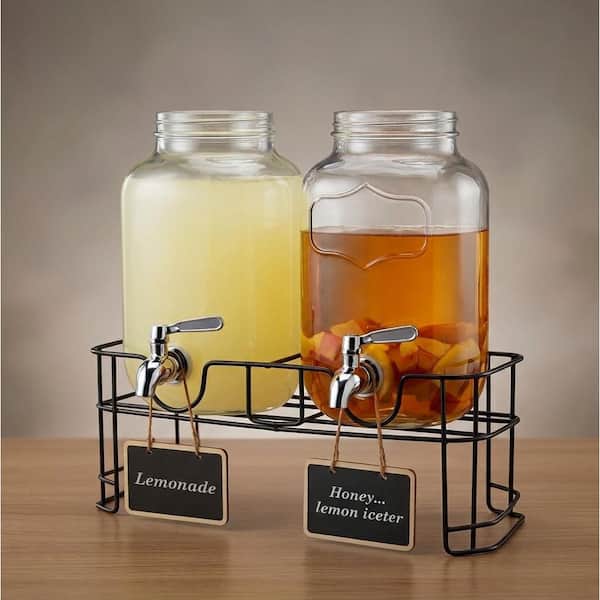 2-Pack 1-Gallon Glass Beverage Serveware with Stand and Stainless Steel Spigot Leakproof Ice Cylinder Unit