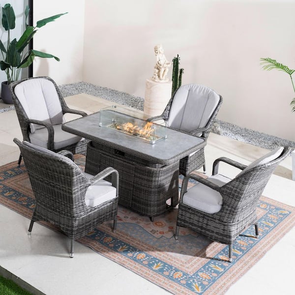 Deeray Grey 5-Piece Wicker and Aluminum Rectangular Adjustable Height Outdoor Dining Fire Pit Table Set with Cushions