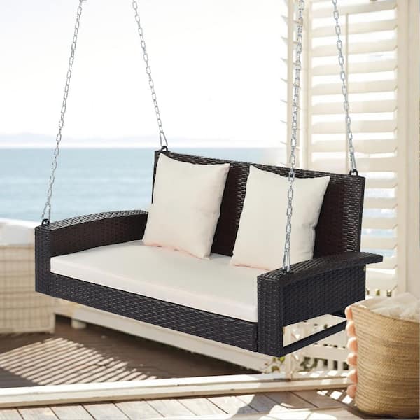 2-Person 500 lbs. Brown Rattan Wicker Steel Patio Hanging Backyard Garden Chained Porch Swing with Beige Cushion