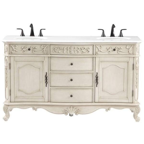 Home Decorators Collection Winslow 60 in. W Double Bath Vanity in Antique White with Marble Vanity Top in White