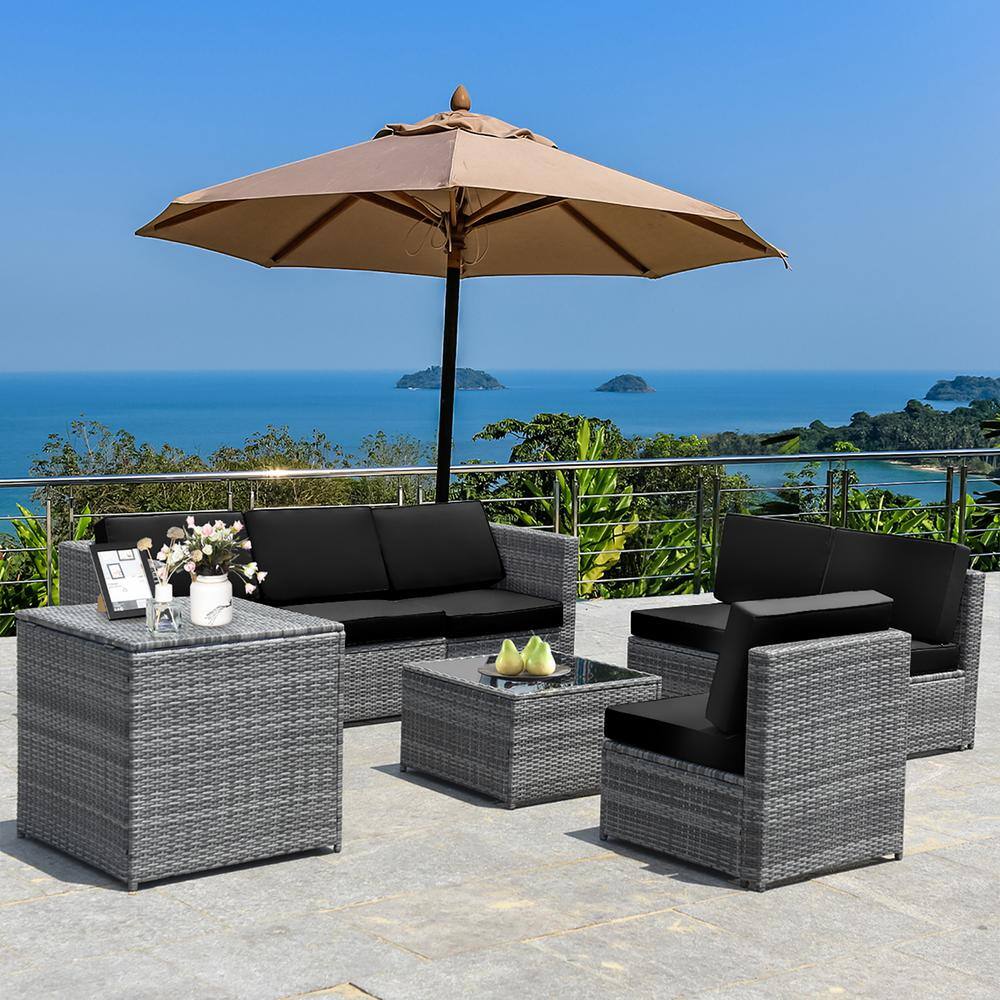 6-Piece Black Wicker Rattan Outdoor Sofa Set with Storage Table