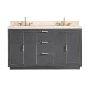Austen 61 in. W x 22 in. D Bath Vanity in Gray with Gold Trim with Marble Vanity Top in Crema Marfil with Basins