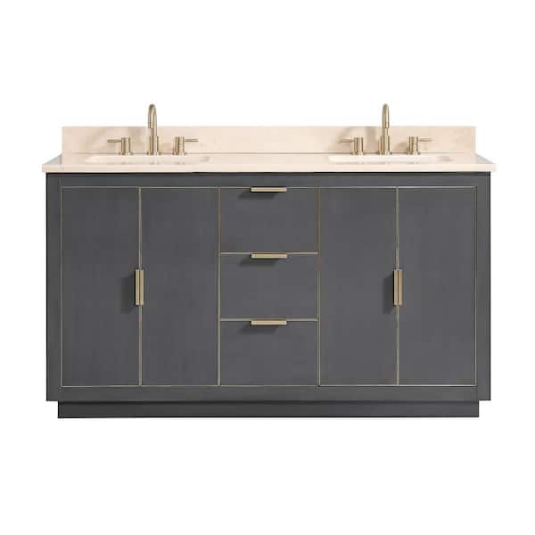 Avanity Austen 61 in. W x 22 in. D Bath Vanity in Gray with Gold Trim with Marble Vanity Top in Crema Marfil with Basins