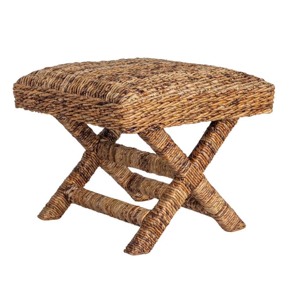 Watersound 17.8 in. Natural Finish Backless Wood Stool with Woven Banana Leaf Seat