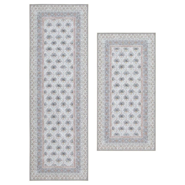 Amelia Chenille Beige 2 ft. x 6 ft. Woven Trellis Polyester 2-Piece Rug Set