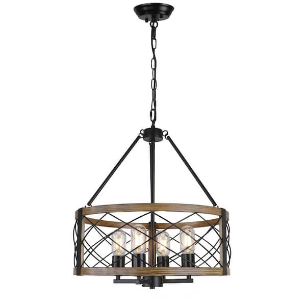 Unbranded 17.72 in. 4-Light Black and Imitation Wood Drum Farmhouse Rustic Chandelier for Foyer Dining Room Living Room