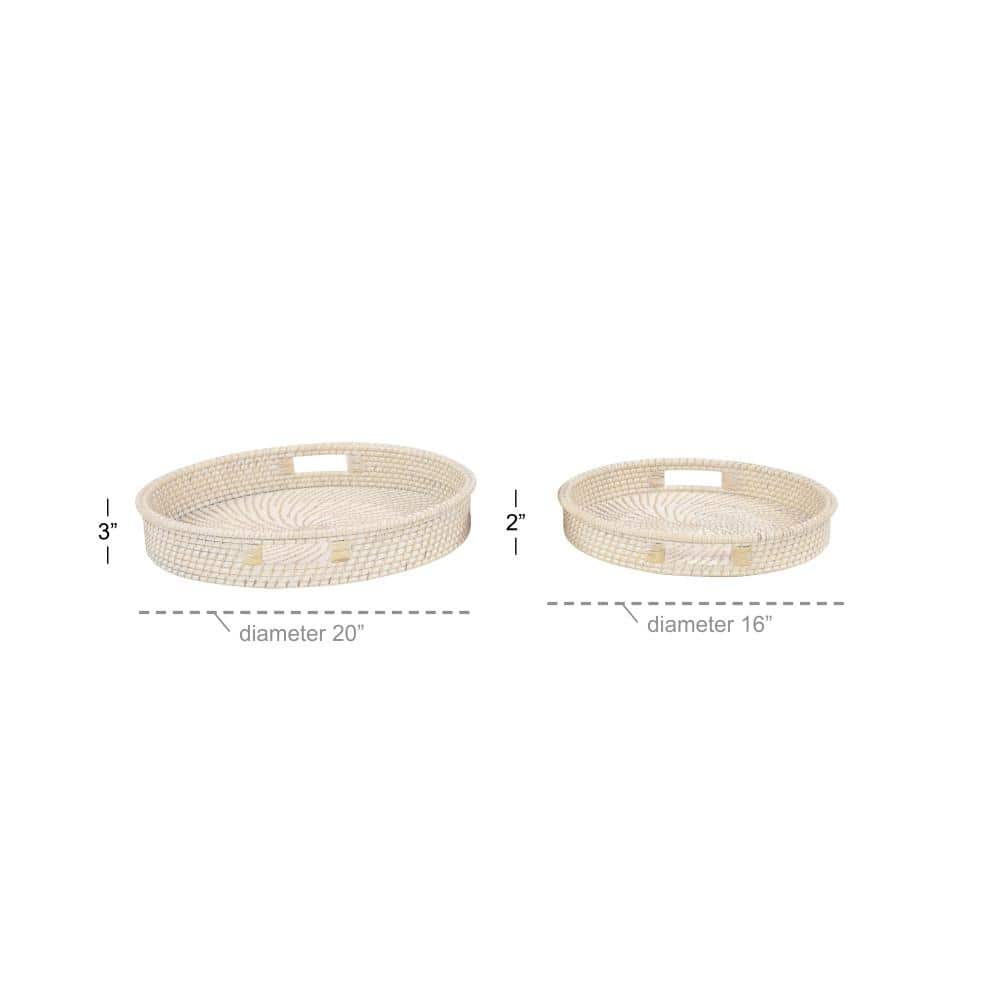 Cream Checkered Round Rattan Decorative Tray Set, 20" and 16"