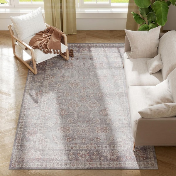 Area Rug 5 ft. x 7 ft. Machine Washable Rug, Traditional Cover Rug for Living Room, Bedroom, Dining Room, Grey and Brown