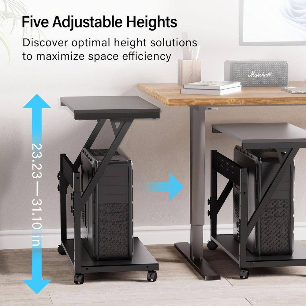 Adjustable Black Steel Computer Tower Stand with Rolling Wheels