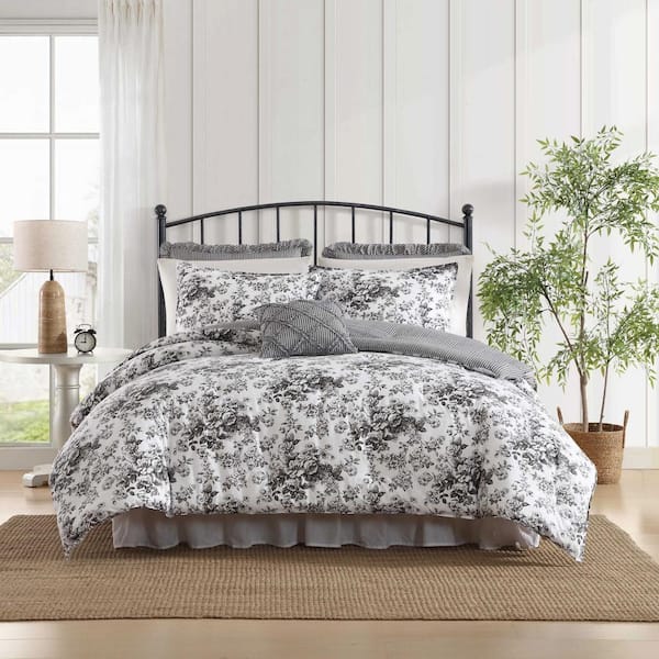 Toile Delight 5 Piece Charcoal Grey 100% Cotton Twin Comforter Bonus Set