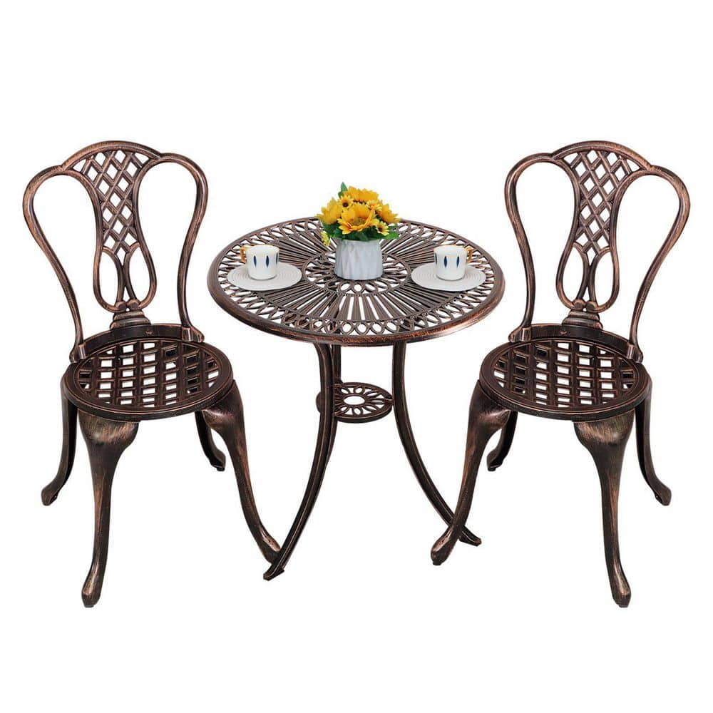 Bronze Aluminum 2 Umbrella Hole Outdoor Bistro Set Table Chairs (Set of 