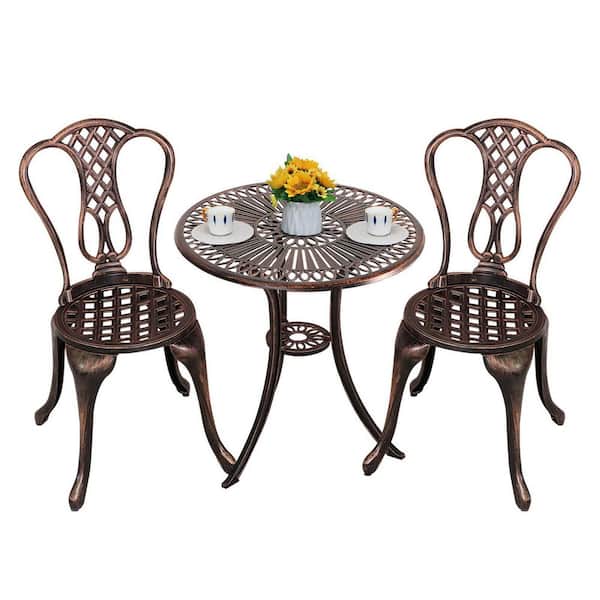 Bronze Aluminum 2" Umbrella Hole Outdoor Bistro Set Table Chairs (Set
