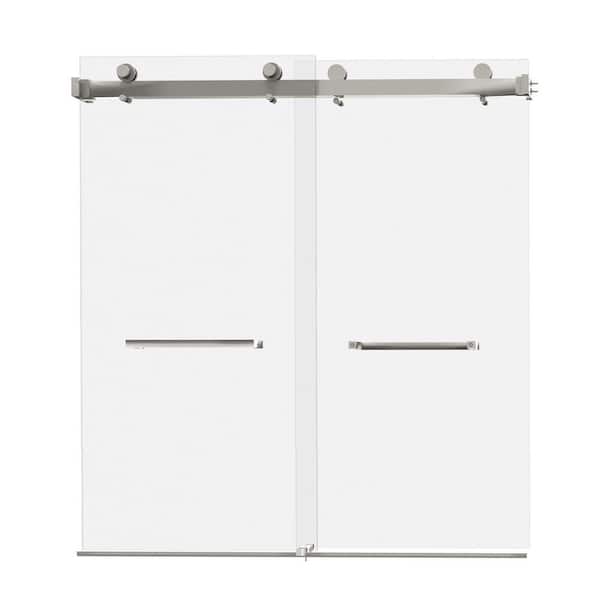 56 in. 60 in. W x 76 in. H Double Sliding Frameless Shower Door, 5/16 in. (8mm) Tempered Glass