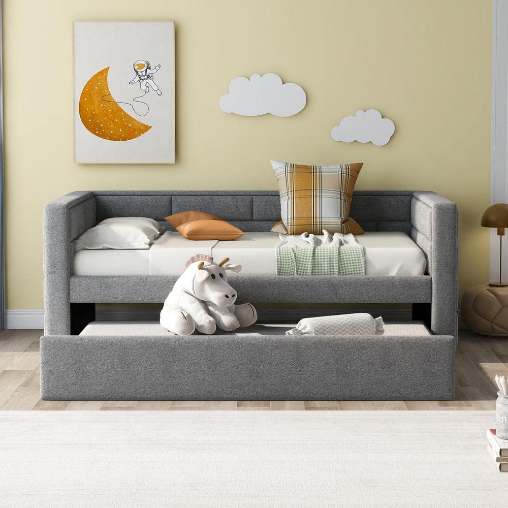 Gray Upholstered Twin Daybed with Pine Wood Frame and Trundle