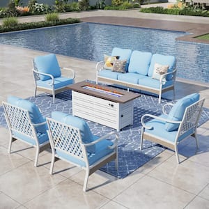White 6-Piece Metal Outdoor Patio Conversation Seating Set with 50000 BTU Propane Fire Pit Table and Blue Cushions