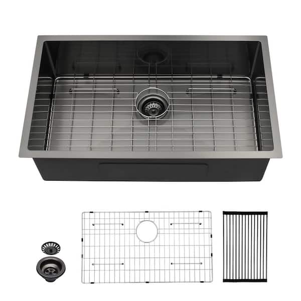 32 in. x 19 in.Gunmetal Black Single Bowl 16-Gauge Stainless Steel Undermount Kitchen Sink with Bottom Grids