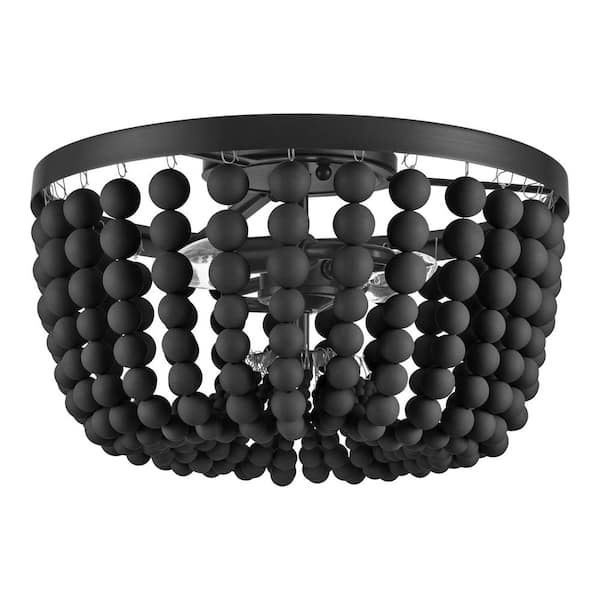 Cayman 13 in. 2-Light Black Beaded Flush Mount Ceiling Light Fixture with Black Beaded Shade