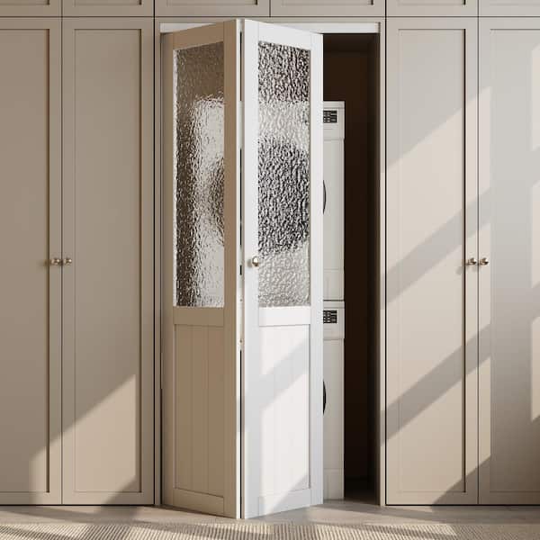 ARK DESIGN 36 in. x 80 in. 1/2 Lite Tempered Kasumi Ripple Glass Solid Core White Finished Closet MDF Bifold Door with Hardware