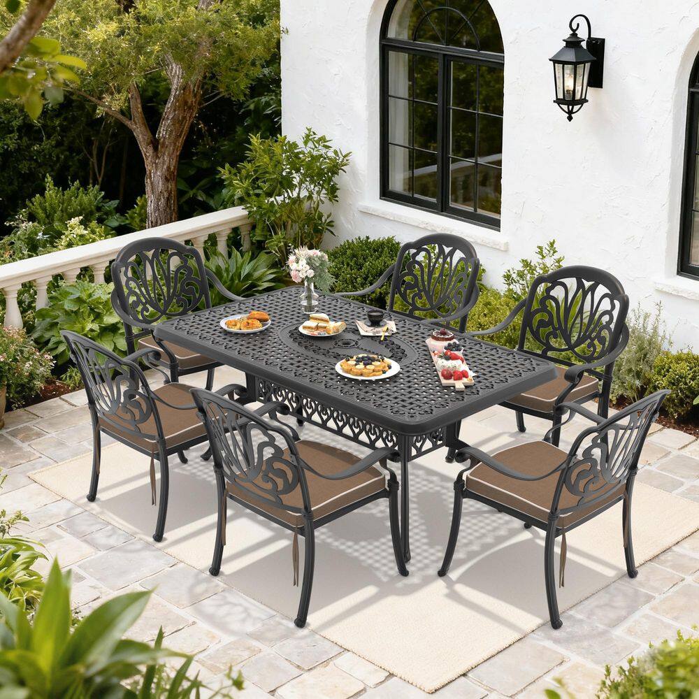 7-Piece Aluminum Patio Outdoor Dining Set with 6 Chairs, Rectangular Table, Umbrella Hole and Brown Cushions price history on PriceWatchPro