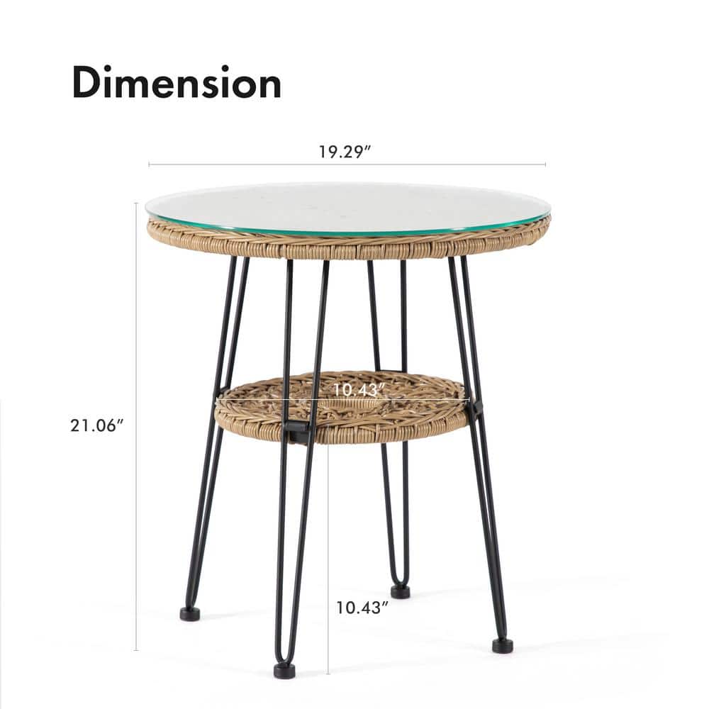 Tiny Natural Rattan and Glass Round Outdoor Side Table