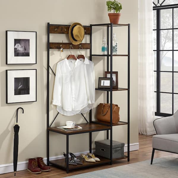 Tribesigns Way to Origin Brown 4-in-1 Entryway Coat Rack with Shoe Bench and Hutch, Vintage Industrial Wood Accent Furniture with Metal Frame