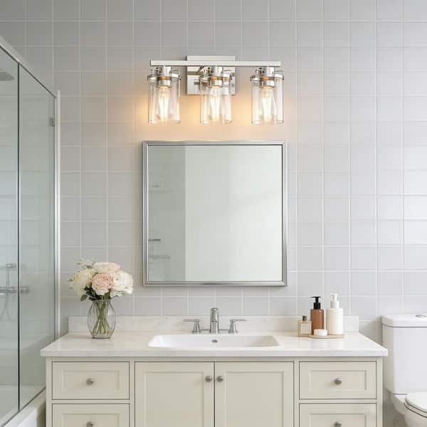 18 in.3-Light Brushed Nickel Bathroom Vanity Light with Clear Glass Shades for Bathroom & Powder Room
