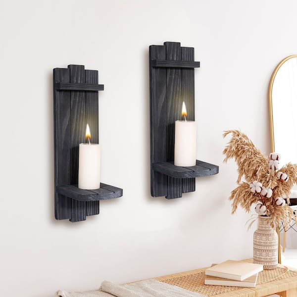 Candle Sconce Set of 2, Rustic Home Decor, Wall Art Floating Candle Holder Shelf, Gray Decorations