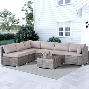 7 Gray Pieces Wicker Outdoor Sectional Set with Table and Grey Cushions