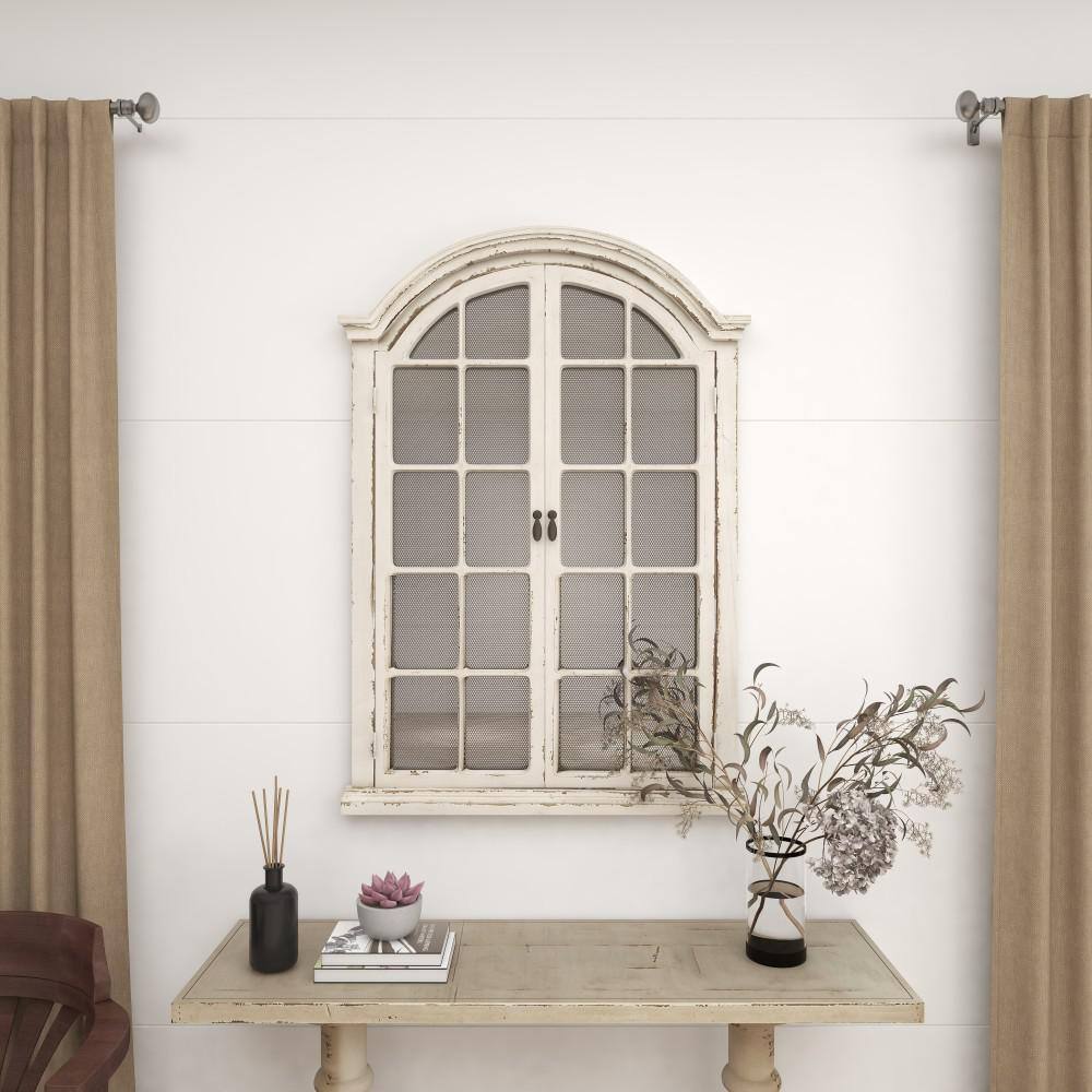 Cream Wood Windowpane Arched Wall Mirror with Distressed Finish