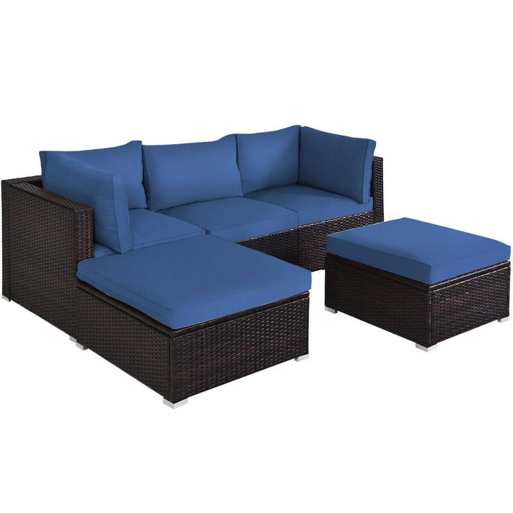 5-Piece Wicker Outdoor Sectional Set Patio Conversation Sofa Set with Navy Cushions -  HONEY JOY, TOPB004098