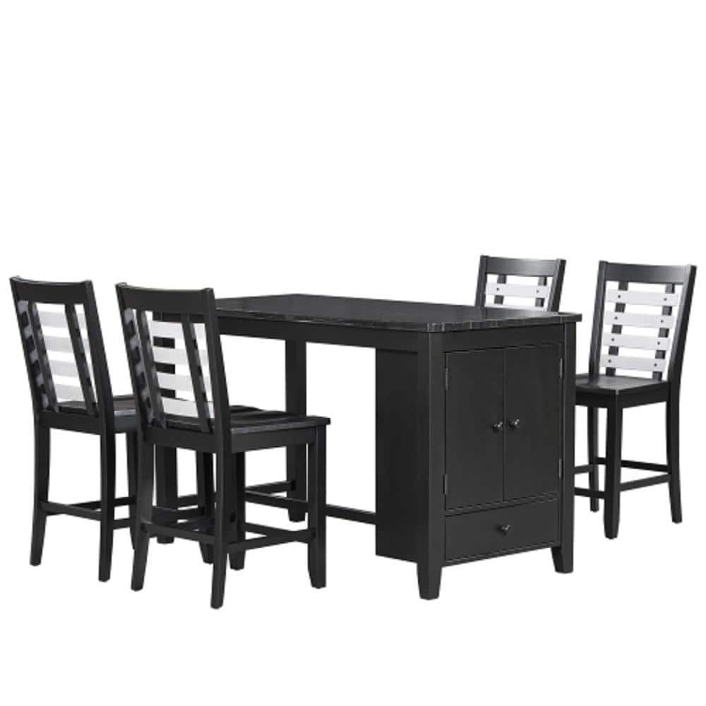 Black 5-Piece Solid Wood Table with Storage Cabinet and Drawer, Chairs with