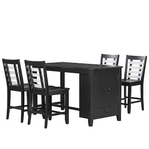 Black 5-Piece Solid Wood Table with Storage Cabinet and Drawer, Chairs with Ladder Back Design Outdoor Dining Set