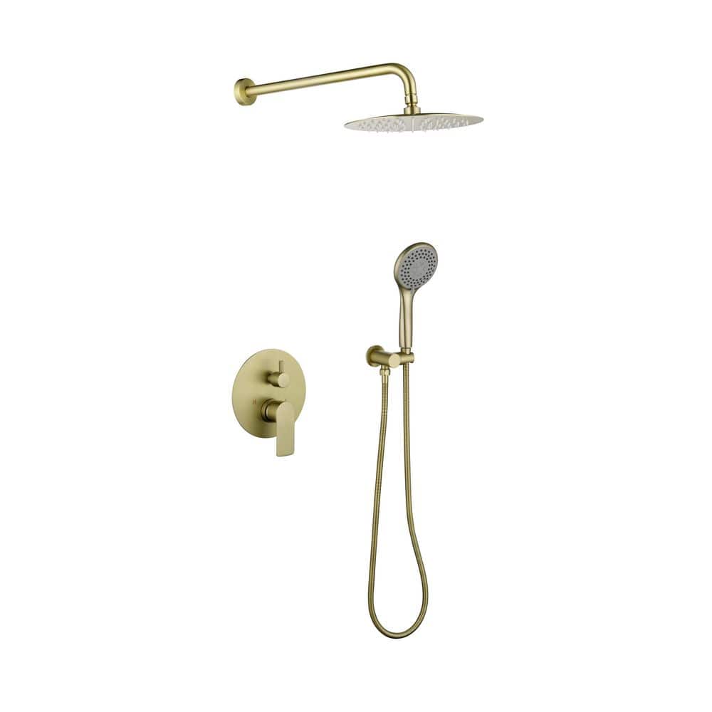 Brass Brushed Gold Shower Faucet 1 Jet Shower System 10 in. Rainfall Shower Head with Rough-in Valve Included in Gold price history on PriceWatchPro