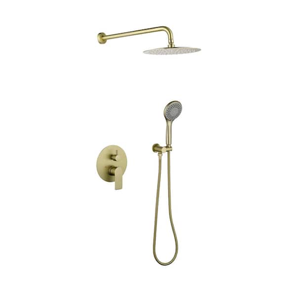 Brass Brushed Gold Shower Faucet 1 Jet Shower System 10 in. Rainfall Shower Head with Rough-in Valve Included in Gold