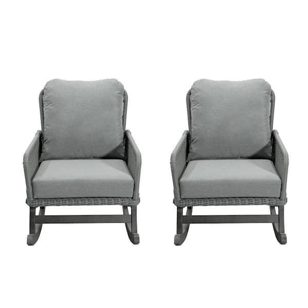 Zeus & Ruta Wicker Outdoor Rocking Chair with Gray Cushion, Durable Wooden Frame for Patio Balcony, (Set of 2)