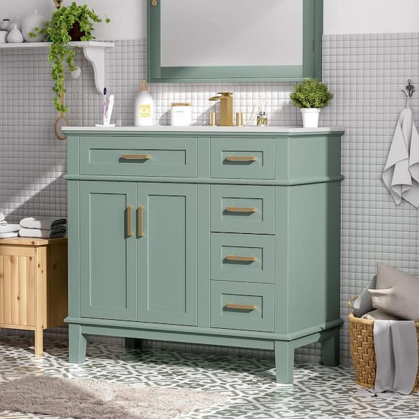 36 in. W x 18 in. D x 35 in. H Single Sink Freestanding Bath Vanity in Green with White Ceramic Top