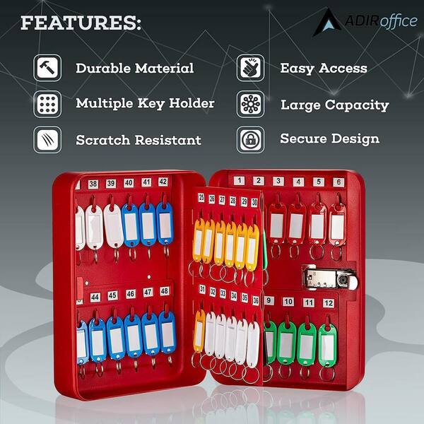 AdirOffice - 48-Key Steel Heavy-Duty Safe Lock Box Key Cabinet with Combination Lock, Red with 148-Key Tags