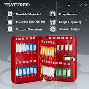 48-Key Steel Heavy-Duty Safe Lock Box Key Cabinet with Combination Lock, Red with 100-Key Tags