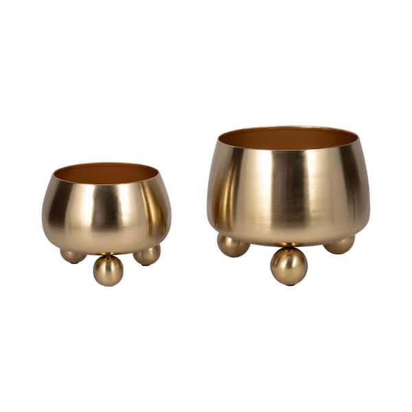 9 in. and 11 in. Gold Metal Planters with Ball Feet (Set of 2)