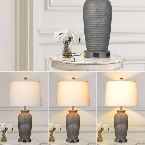 Cinkeda Allisan 24.3 in. Grey Ceremic Table Lamp Set with Type-C