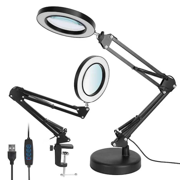 9.65 in. Black LED Magnifier Desk Lamp 8x Magnifying Glass with Light Swing Arm Desk Table Light USB Reading Lamp